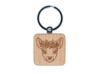 Deer Doe Wearing a Flower Crown Engraved Wood Square Keychain Tag Charm