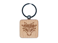 Dragon Wearing a Flower Crown Engraved Wood Square Keychain Tag Charm