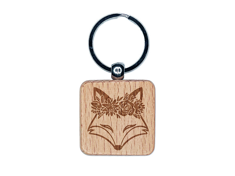 Fox Wearing a Flower Crown Engraved Wood Square Keychain Tag Charm