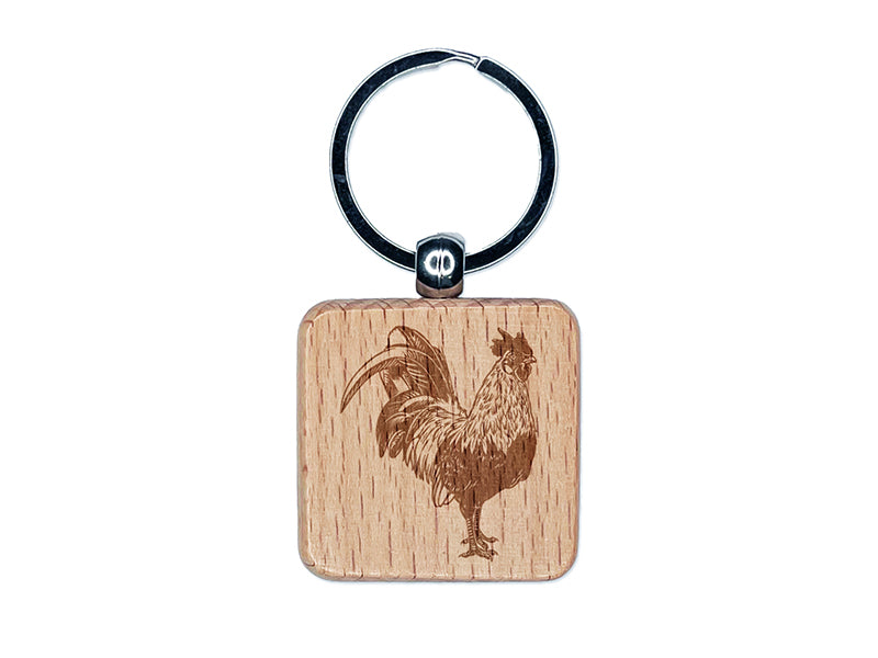 Handsome Rooster Chicken Engraved Wood Square Keychain Tag Charm