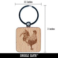 Handsome Rooster Chicken Engraved Wood Square Keychain Tag Charm