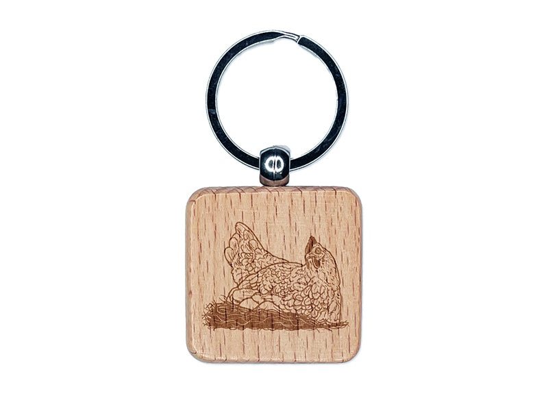 Hen Laying on Eggs in a Nest Chicken Engraved Wood Square Keychain Tag Charm