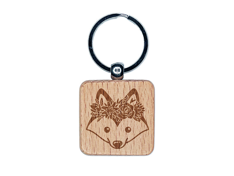 Husky Dog Wearing a Flower Crown Engraved Wood Square Keychain Tag Charm