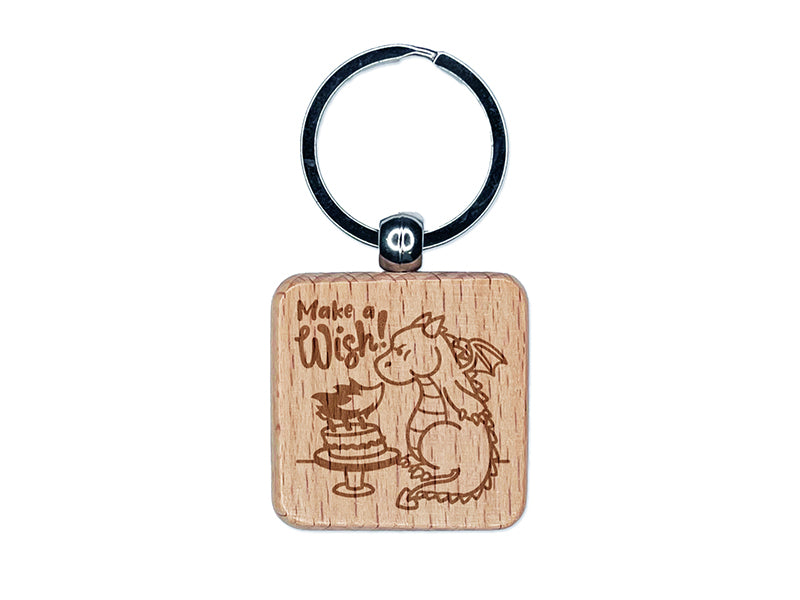 Make a Wish Dragon Trying to Blow Out Birthday Candles Engraved Wood Square Keychain Tag Charm