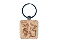 Make a Wish Dragon Trying to Blow Out Birthday Candles Engraved Wood Square Keychain Tag Charm