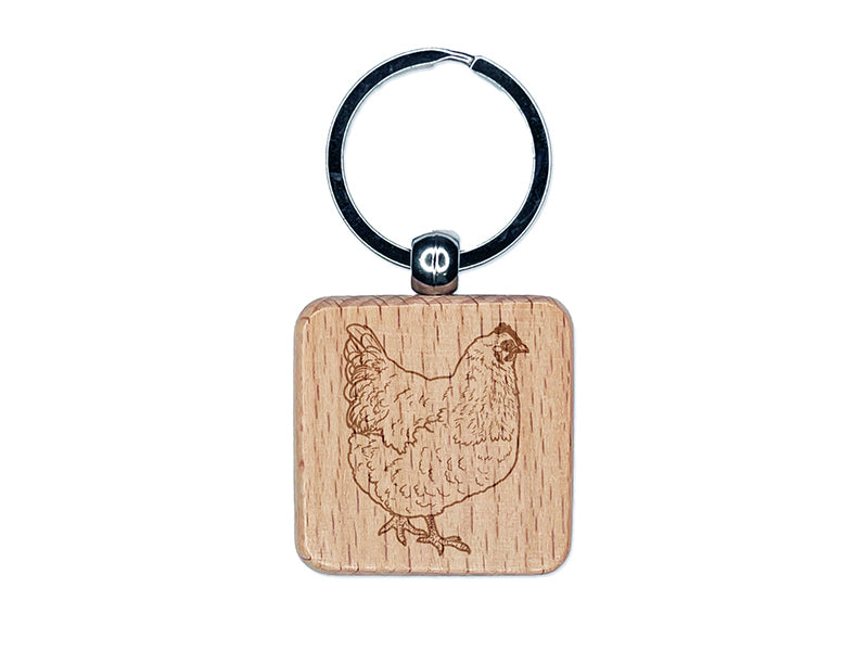 Plump Strutting Hen Chicken Engraved Wood Square Keychain Tag Charm