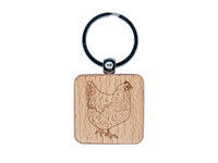 Plump Strutting Hen Chicken Engraved Wood Square Keychain Tag Charm