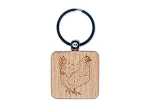 Plump Strutting Hen Chicken Engraved Wood Square Keychain Tag Charm