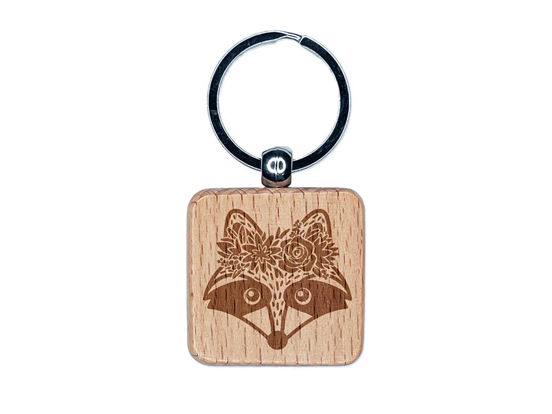 Raccoon Wearing a Flower Crown Engraved Wood Square Keychain Tag Charm