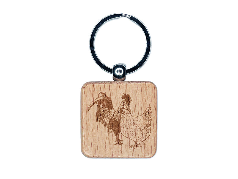 Rooster and Hen Chicken Couple Engraved Wood Square Keychain Tag Charm