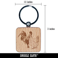 Rooster and Hen Chicken Couple Engraved Wood Square Keychain Tag Charm