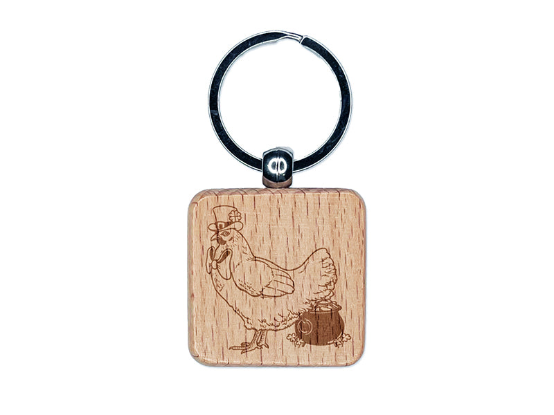 Saint Patrick's Day Leprechaun Hen Holiday Chicken Engraved Wood Square Keychain Tag Charm