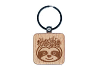 Sloth Wearing a Flower Crown Engraved Wood Square Keychain Tag Charm