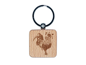 Valentine Romeo Rooster Holding Rose Holiday Chicken Engraved Wood Square Keychain Tag Charm