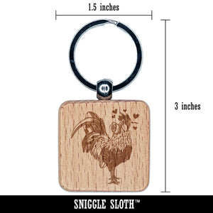 Valentine Romeo Rooster Holding Rose Holiday Chicken Engraved Wood Square Keychain Tag Charm