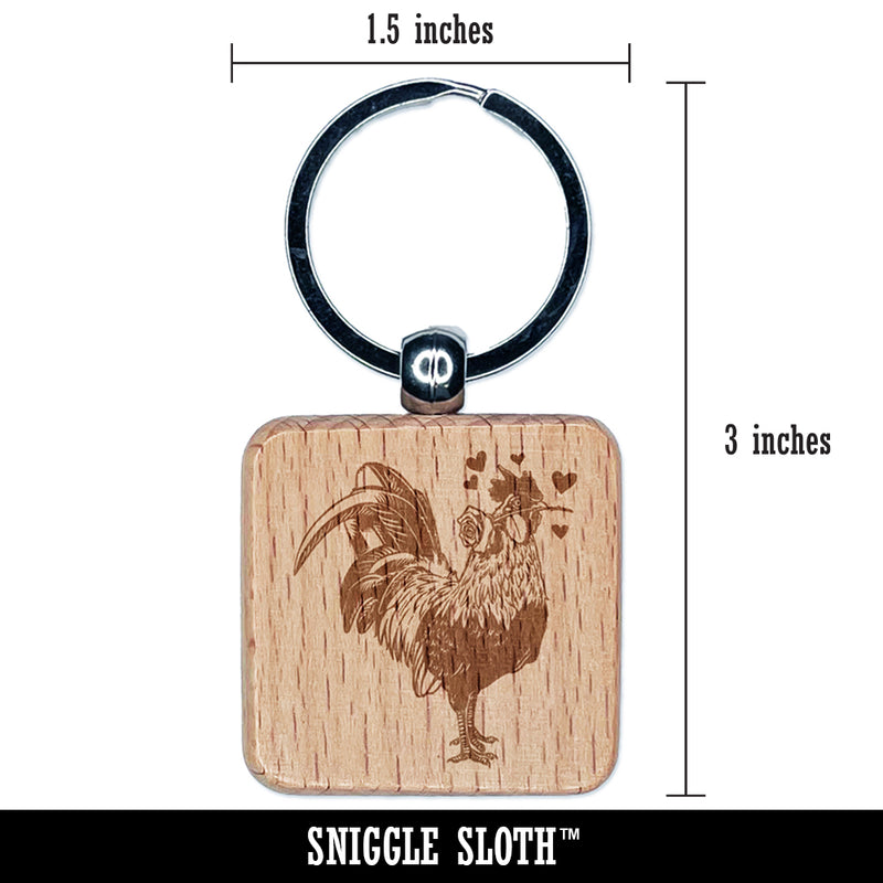 Valentine Romeo Rooster Holding Rose Holiday Chicken Engraved Wood Square Keychain Tag Charm