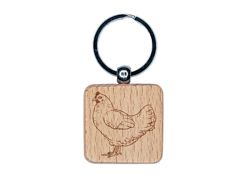 Watchful Hen Facing Left Chicken Engraved Wood Square Keychain Tag Charm