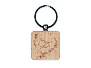 Watchful Hen Facing Left Chicken Engraved Wood Square Keychain Tag Charm