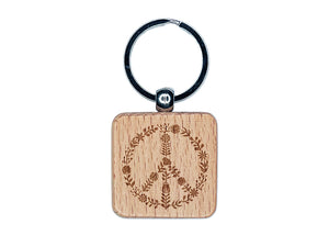 Botanical Flower Peace Sign Engraved Wood Square Keychain Tag Charm