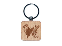 Butterfly Silhouette With Asymmetrical Steampunk Gears Engraved Wood Square Keychain Tag Charm