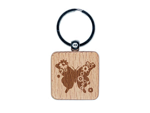 Butterfly Silhouette With Asymmetrical Steampunk Gears Engraved Wood Square Keychain Tag Charm