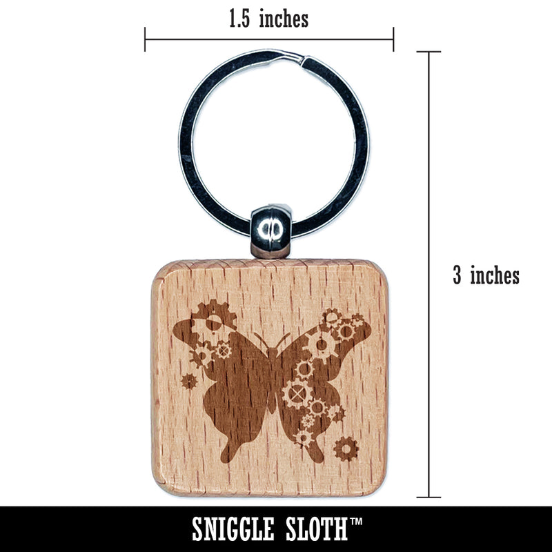 Butterfly Silhouette With Asymmetrical Steampunk Gears Engraved Wood Square Keychain Tag Charm
