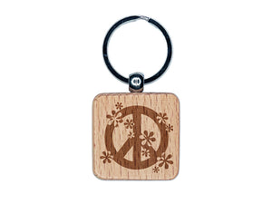 Contemporary Peace Sign With Flowers Engraved Wood Square Keychain Tag Charm