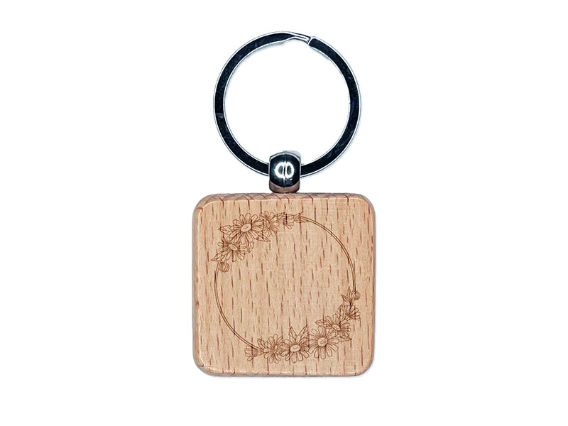 Decorative Summer Daisy Flowers Wreath Engraved Wood Square Keychain Tag Charm