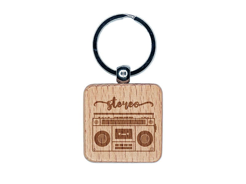 Retro Radio Stereo Cassette Player Boombox Engraved Wood Square Keychain Tag Charm