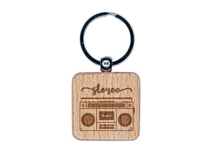 Retro Radio Stereo Cassette Player Boombox Engraved Wood Square Keychain Tag Charm