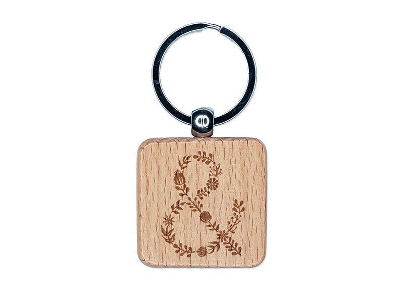 Elegant Botanical Floral Ampersand Engraved Wood Square Keychain Tag Charm