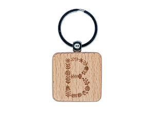 Elegant Botanical Floral Letter B Engraved Wood Square Keychain Tag Charm