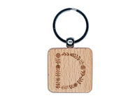 Elegant Botanical Floral Letter D Engraved Wood Square Keychain Tag Charm