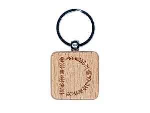 Elegant Botanical Floral Letter D Engraved Wood Square Keychain Tag Charm