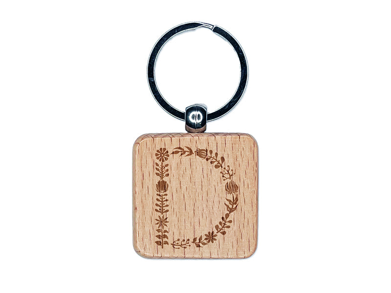 Elegant Botanical Floral Letter D Engraved Wood Square Keychain Tag Charm