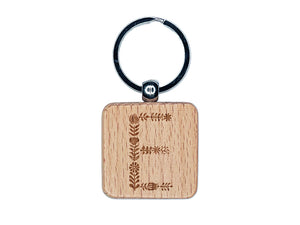 Elegant Botanical Floral Letter E Engraved Wood Square Keychain Tag Charm