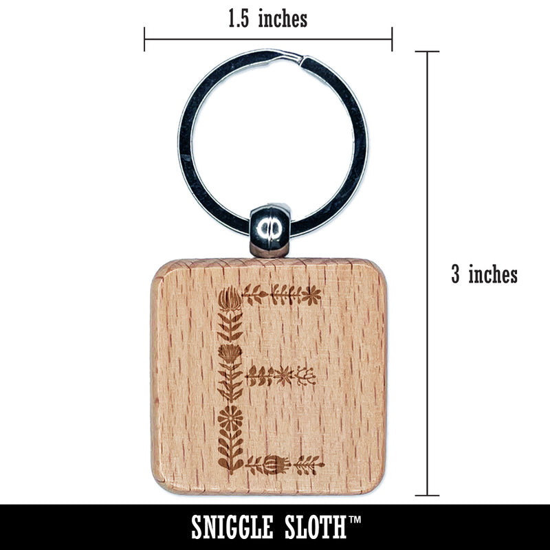 Elegant Botanical Floral Letter E Engraved Wood Square Keychain Tag Charm