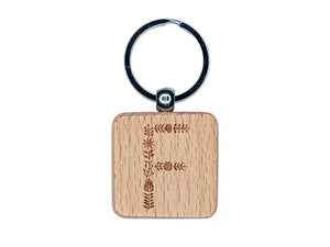 Elegant Botanical Floral Letter F Engraved Wood Square Keychain Tag Charm