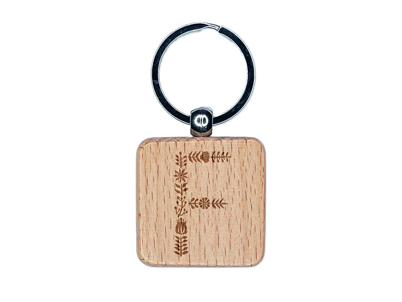 Elegant Botanical Floral Letter F Engraved Wood Square Keychain Tag Charm