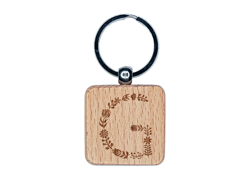 Elegant Botanical Floral Letter G Engraved Wood Square Keychain Tag Charm
