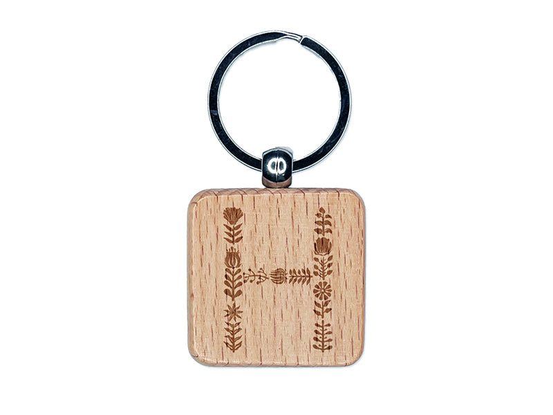 Elegant Botanical Floral Letter H Engraved Wood Square Keychain Tag Charm