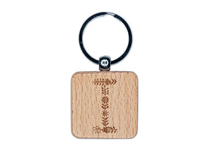 Elegant Botanical Floral Letter I Engraved Wood Square Keychain Tag Charm