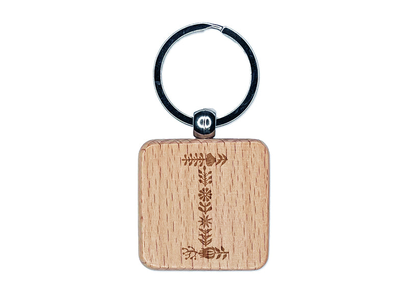 Elegant Botanical Floral Letter I Engraved Wood Square Keychain Tag Charm
