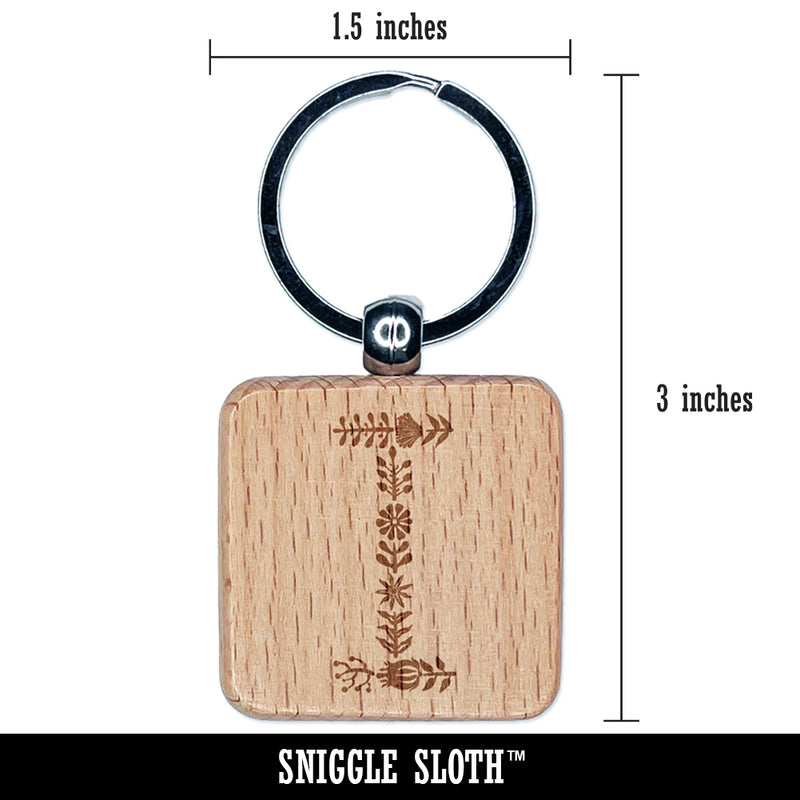 Elegant Botanical Floral Letter I Engraved Wood Square Keychain Tag Charm