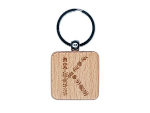 Elegant Botanical Floral Letter K Engraved Wood Square Keychain Tag Charm