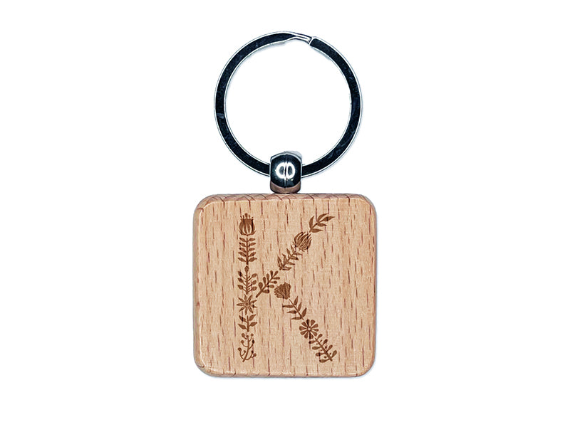 Elegant Botanical Floral Letter K Engraved Wood Square Keychain Tag Charm