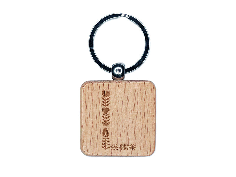 Elegant Botanical Floral Letter L Engraved Wood Square Keychain Tag Charm