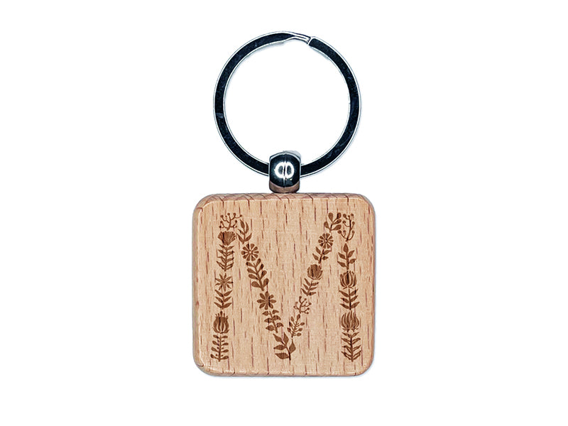 Elegant Botanical Floral Letter M Engraved Wood Square Keychain Tag Charm