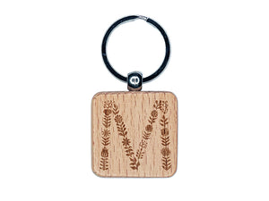 Elegant Botanical Floral Letter M Engraved Wood Square Keychain Tag Charm