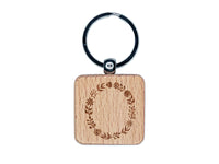 Elegant Botanical Floral Letter O Engraved Wood Square Keychain Tag Charm